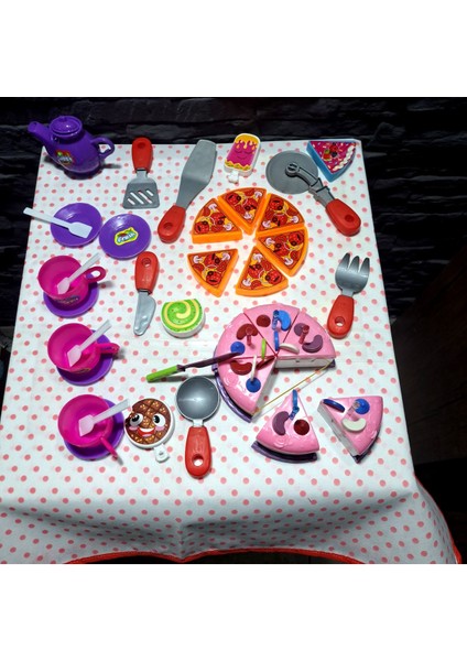 Oyuncak Evcilik ve Mutfak Setleri Kesilen Cırtlı Doğum Günü Pastası Pizza Çay Mutfak Seti 30 Prç