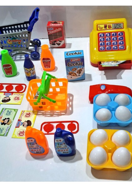 Oyuncak Evcilik ve Mutfak 2 Set Market Arabalı Alışveriş Oyunu 13PRÇ + Yazar Kasalı Market Set 15 Ad