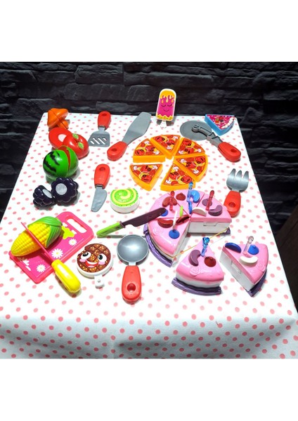 Oyuncak Evcilik ve Mutfak Setleri Kesilen Cırtlı Doğum Günü Pastası Pizza Set Kesilen Set 30 Prç