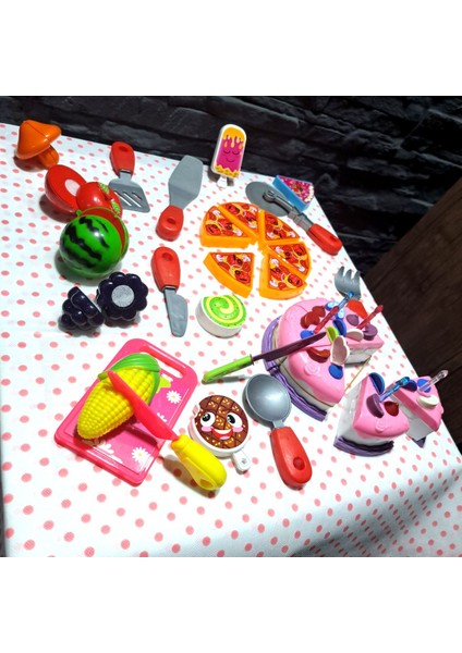Oyuncak Evcilik ve Mutfak Setleri Kesilen Cırtlı Doğum Günü Pastası Pizza Set Kesilen Set 30 Prç