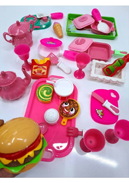 Evcilik Mutfak Seti 41 Parça Mutfak Pasta Çay Kaşık Çatak Fincan Hamburger Seti Dev Boy