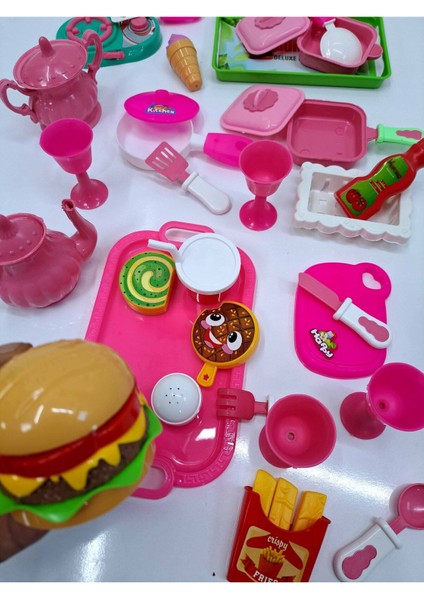 Evcilik Mutfak Seti 41 Parça Mutfak Pasta Çay Kaşık Çatak Fincan Hamburger Seti Dev Boy