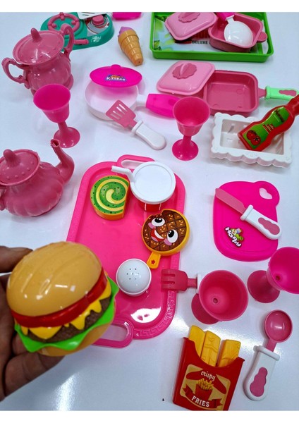 Evcilik Mutfak Seti 41 Parça Mutfak Pasta Çay Kaşık Çatak Fincan Hamburger Seti Dev Boy