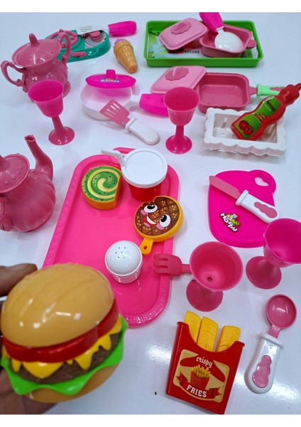 Evcilik Mutfak Seti 41 Parça Mutfak Pasta Çay Kaşık Çatak Fincan Hamburger Seti Dev Boy