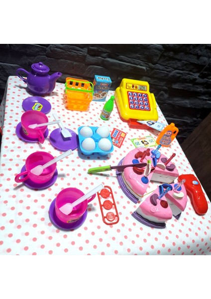 Oyuncak Evcilik ve Mutfak Setleri Kesilen Cırtlı Doğum Günü Pastası Yazar Kasa Market Çay Set 32 Prç