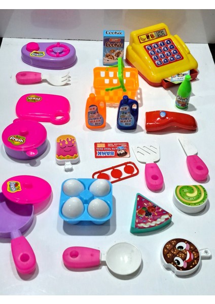 Oyuncak Evcilik ve Mutfak 2 Set Market Yazar Kasalı Alışveriş Oyunu 15PRÇ + Ocaklı Çay Mutfak Seti
