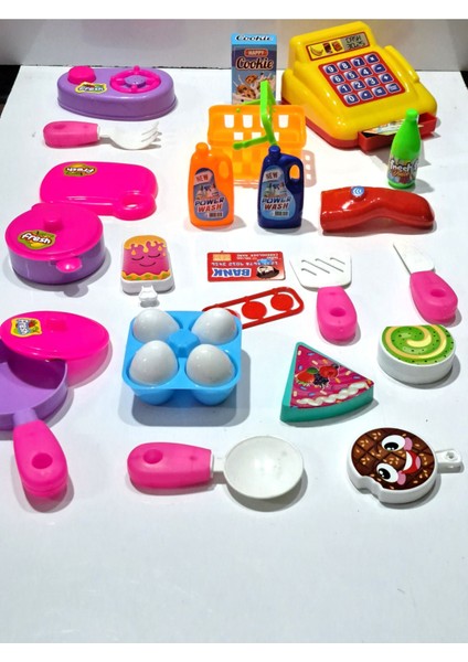 Oyuncak Evcilik ve Mutfak 2 Set Market Yazar Kasalı Alışveriş Oyunu 15PRÇ + Ocaklı Çay Mutfak Seti