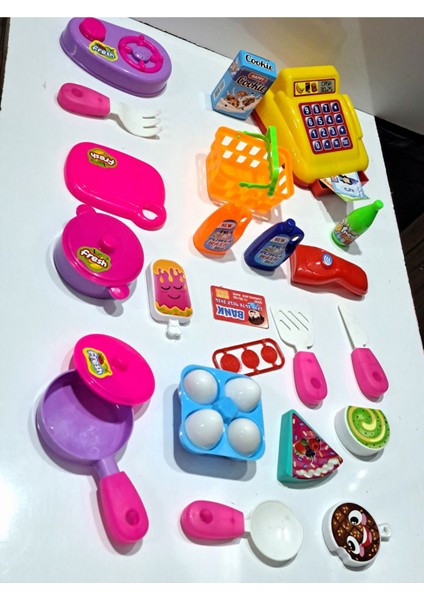 Oyuncak Evcilik ve Mutfak 2 Set Market Yazar Kasalı Alışveriş Oyunu 15PRÇ + Ocaklı Çay Mutfak Seti