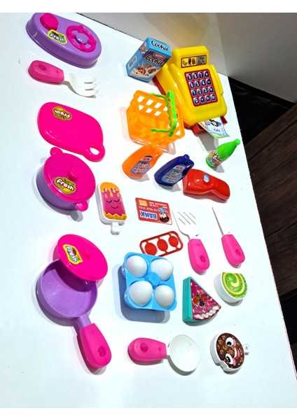 Oyuncak Evcilik ve Mutfak 2 Set Market Yazar Kasalı Alışveriş Oyunu 15PRÇ + Ocaklı Çay Mutfak Seti
