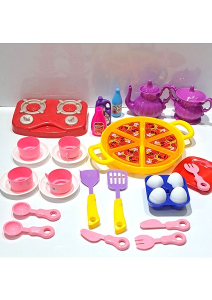 Oyuncak Evcilik ve Mutfak 2 Set Tepsili Pizza Seti 18PRÇ+OCAKLI Mutfak Set Yemek Çay Takım 18 Parça