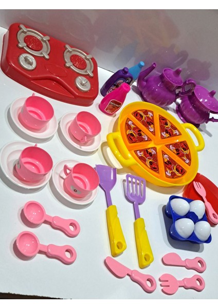 Oyuncak Evcilik ve Mutfak 2 Set Tepsili Pizza Seti 18PRÇ+OCAKLI Mutfak Set Yemek Çay Takım 18 Parça