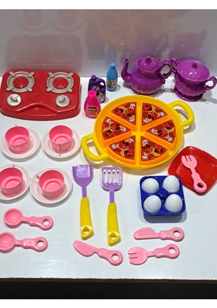 Oyuncak Evcilik ve Mutfak 2 Set Tepsili Pizza Seti 18PRÇ+OCAKLI Mutfak Set Yemek Çay Takım 18 Parça