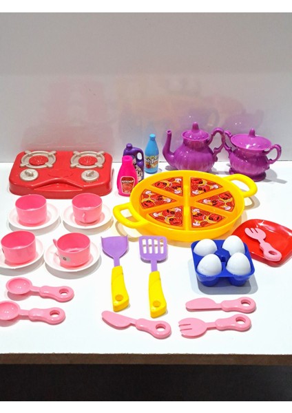 Oyuncak Evcilik ve Mutfak 2 Set Tepsili Pizza Seti 18PRÇ+OCAKLI Mutfak Set Yemek Çay Takım 18 Parça