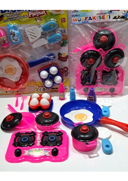 Oyuncak Evcilik ve Mutfak 2 Set Tava Yumurta Set 12 Parça + Ocak Tencere Tava Mutfak Seti 10 Parça