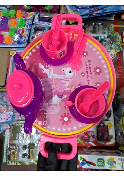 Kız Çocuk Oyuncak Tepsili Çay Seti 11 Parça Çaydanlık Bardak Tabak Çatal Kaşık 37X25 cm