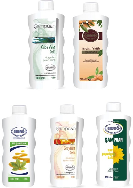 5’li Şampuan Seti Argan – Papatya - Greyfurt - Aloevera - Bio 300 ml