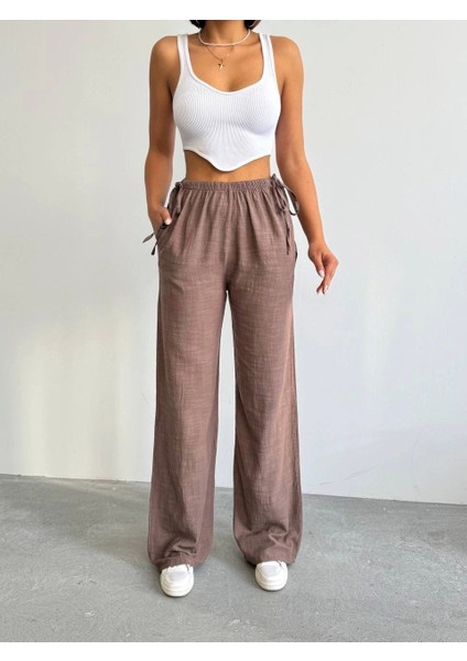 Nuray Model Yazlık %100 Keten Bol Paça Yandan Bağcıklı Pantolon