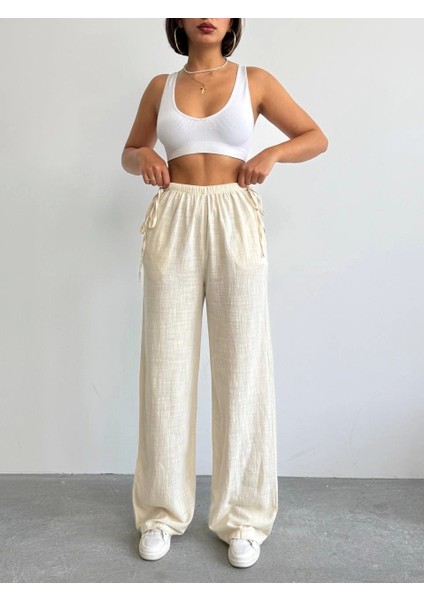 Nuray Model Yazlık %100 Keten Bol Paça Yandan Bağcıklı Pantolon