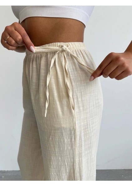Nuray Model Yazlık %100 Keten Bol Paça Yandan Bağcıklı Pantolon