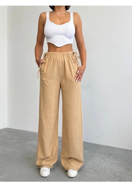 Nuray Model Yazlık %100 Keten Bol Paça Yandan Bağcıklı Pantolon