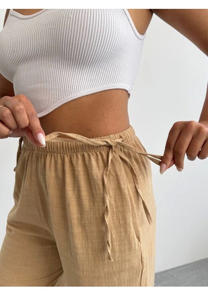 Nuray Model Yazlık %100 Keten Bol Paça Yandan Bağcıklı Pantolon