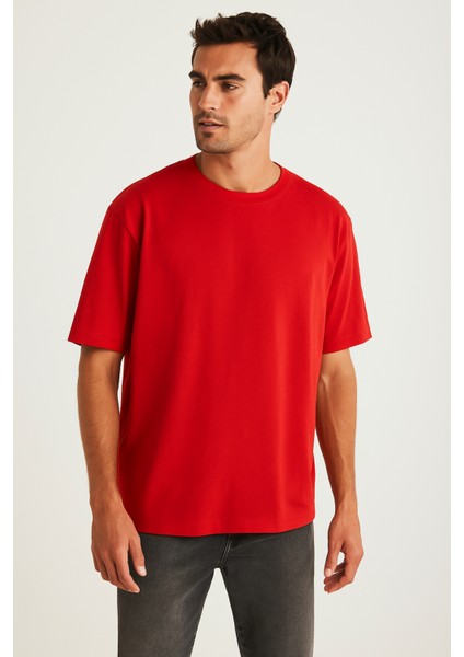 Erkek Kırmızı Oversize Bisiklet Yaka %100 Pamuk Düz Basic Yazlık T-Shirt fiyatları