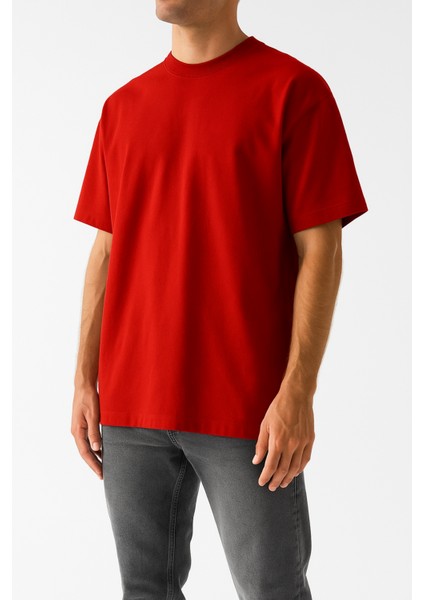 Erkek Kırmızı Oversize Bisiklet Yaka %100 Pamuk Düz Basic Yazlık T-Shirt modelleri