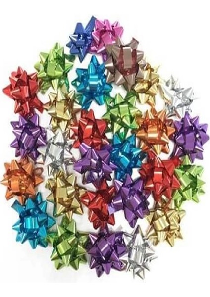 Metalize Rengarenk Yapışkanlı Fiyonk Yıldız Süs Hediye Paketi Süsleri 50 Adet