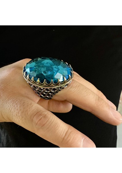 925 Ayar Gümüş Büyük Kasa Oval Fasetli Akuamarin Taşlı Erkek Yüzük fırsatları