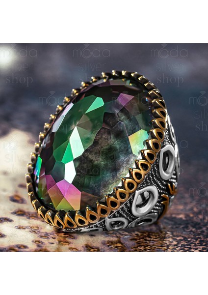 925 Ayar Gümüş Büyük Kasa Mistik Topaz Taşlı Erkek Yüzük