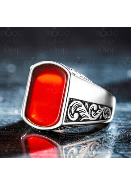 925 Ayar Gümüş Düz Akik Taşlı Kalem Işlemeli Erkek Yüzük