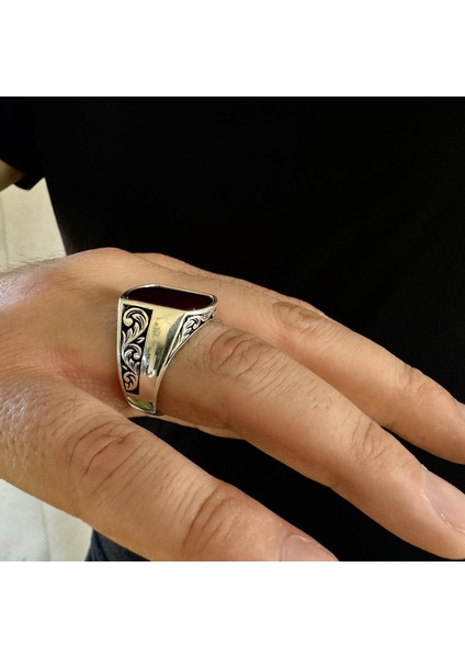 925 Ayar Gümüş Düz Akik Taşlı Kalem Işlemeli Erkek Yüzük fırsatları