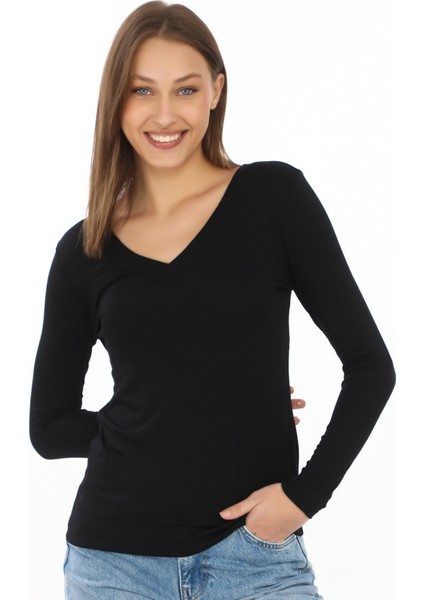 Yumuşak, Rahat ve Şık Viskon V Yaka Tişört-Siyah