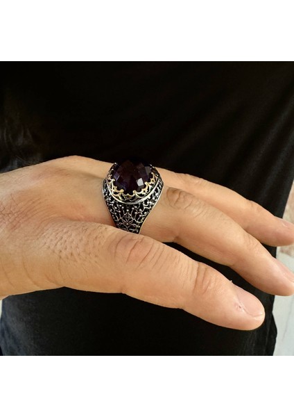 925 Ayar Gümüş Özel Kesim Fasetli Ametist Taşlı Erkek Yüzük fırsatları