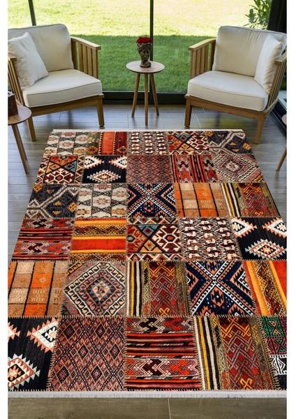 Ayaz Yıkanabilir Kaymaz Etnik Renkli Patchwork Desenli Salon Halısı Mutfak Halısı ve Yolluk 4411