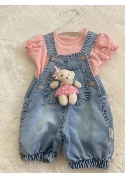 Kız Bebek Çocuk Süslü Ayıcıklı Salopet Takımı