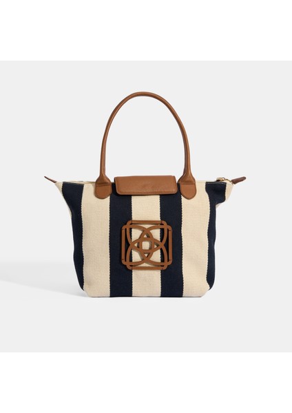 Kadın Monogram Logolu Vizon Çizgili Kumaş Midi Omuz Çantası
