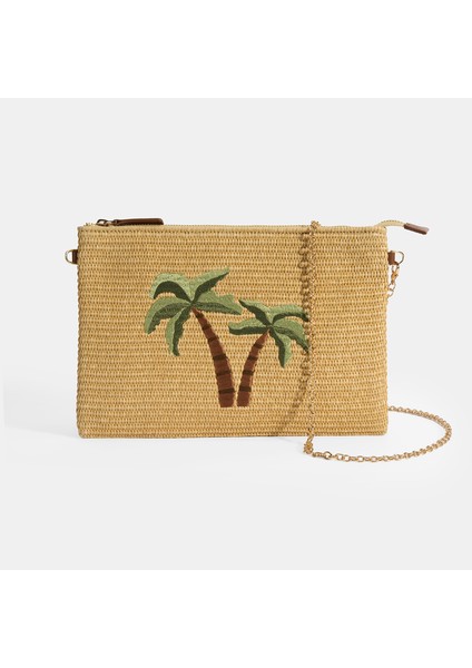 Taba Palmiye Nakışlı Hasır Clutch