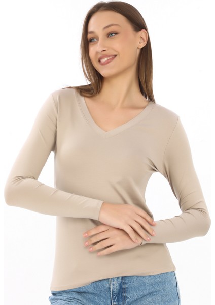 Yumuşak, Rahat ve Şık Viskon V Yaka Tişört-Bej