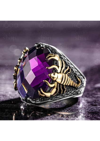 925 Ayar Gümüş Fasetli Ametist Taşlı Akrep Tasarım Erkek Yüzük