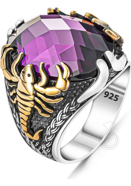 925 Ayar Gümüş Fasetli Ametist Taşlı Akrep Tasarım Erkek Yüzük fiyatları