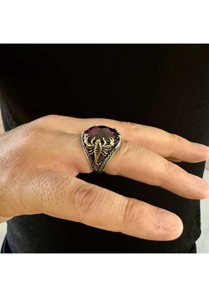 925 Ayar Gümüş Fasetli Ametist Taşlı Akrep Tasarım Erkek Yüzük fırsatları
