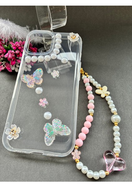 Çiçekli Kelebekli ve Incili Tasarım Apple iPhone 13 14 15 Uyumlu Telefon Kılıfı ve Telofon Aksesuarı