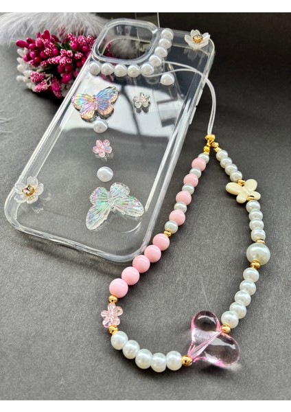 Çiçekli Kelebekli ve Incili Tasarım Apple iPhone 13 14 15 Uyumlu Telefon Kılıfı ve Telofon Aksesuarı modelleri