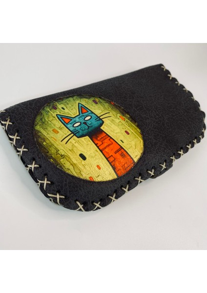 Vegan Deri Renkli Kadın Baskılı Lacivert Uzun Cüzdan 18*10