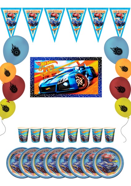 Hotwheels Bayraklı ve Afişli 32 Kişilik Doğum Günü Parti Malzemeleri Süsleri Seti