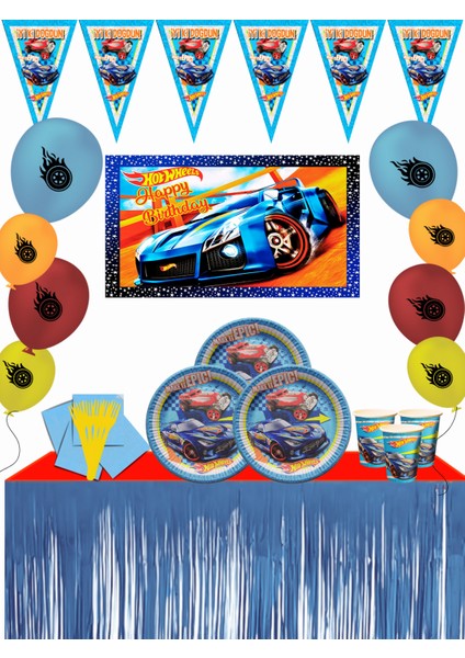 Metalize Masa Etekli Afişli Arabalar HotWheels Ateşli Tekerler 40 Kişilik Doğum Günü Parti Malzemeleri Seti