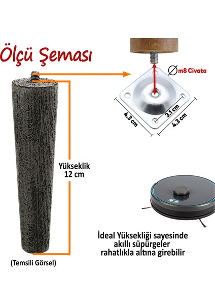 Ahşap Ayak 12 cm 2'li Set Koyu Meşe M8 Civatalı Bağlantı Aparatlı Dolap Mobilya Koltuk Kanepe Destek Ayağı Ayakları
