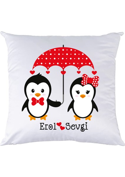 Aşık Penguenler Sevgiliye Hediye - Sevgililer Günü Isimli Yastık
