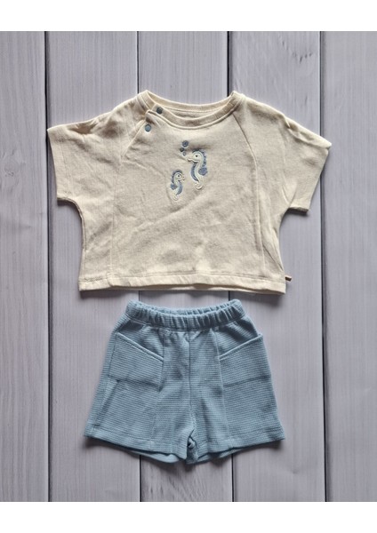 Erkek Bebek Denizatı Nakışlı Tişört ve Mavi Şort Takım